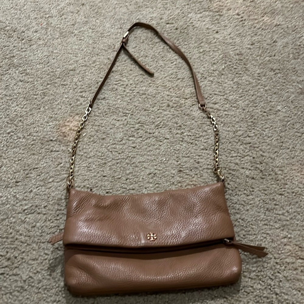 Tory Burch fold over crossbody beige bag